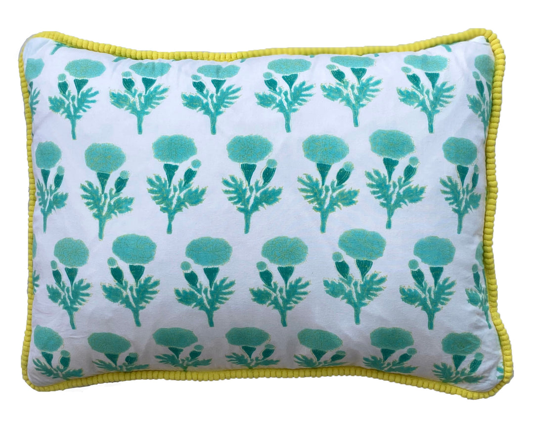 BLOCK PRINT CUSHION IN MARIGOLD GREEN - Sale 30% off