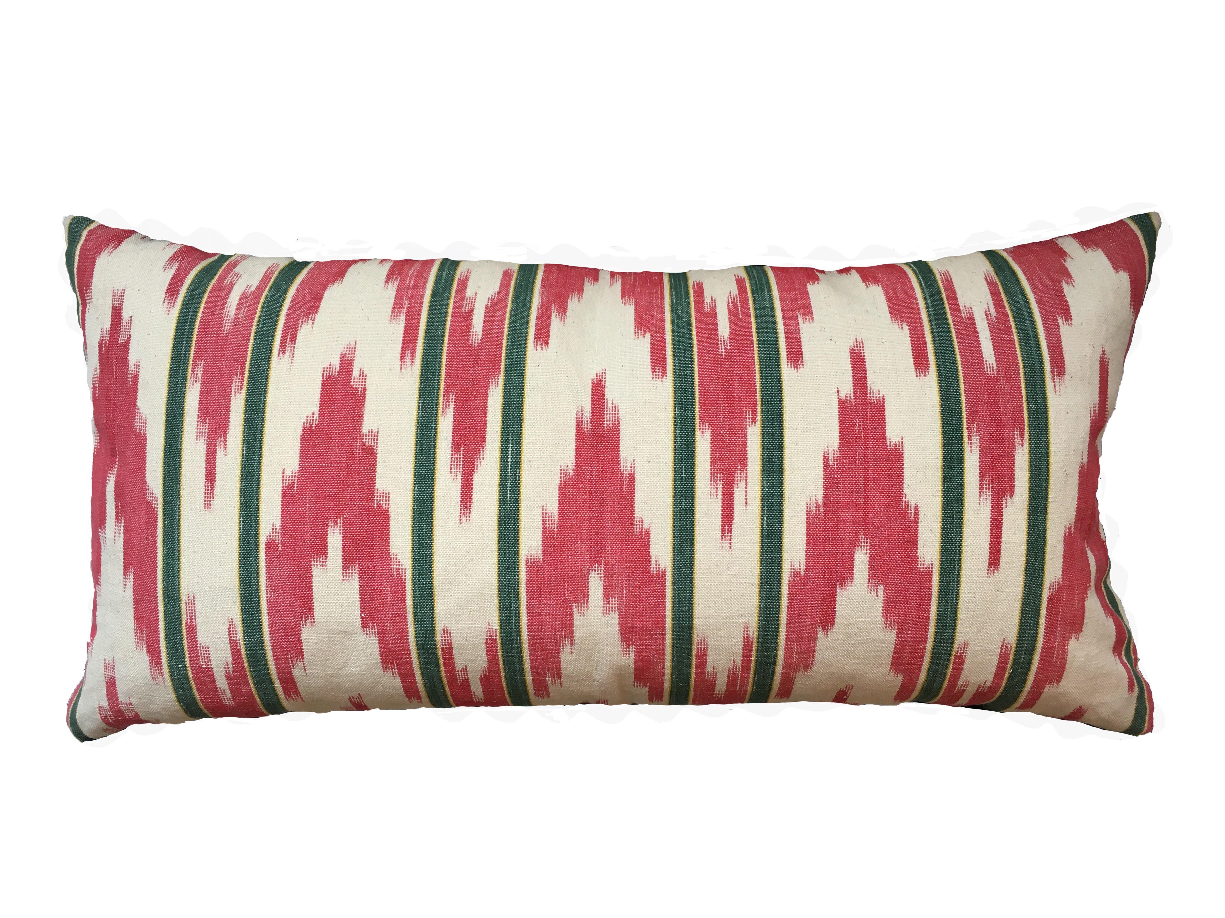 MALLORCAN FABRIC CUSHION - GREEN STRIPE WITH RED ZIGZAG FABRIC
