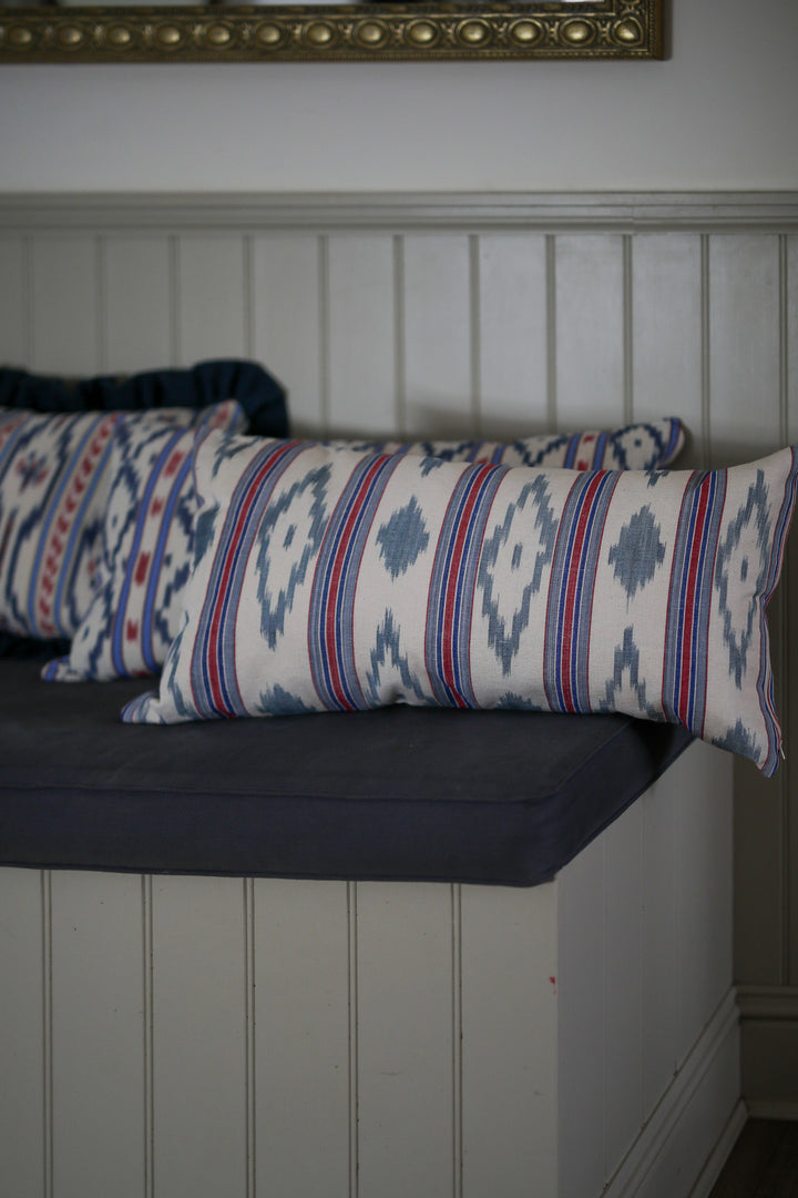 MALLORCAN FABRIC CUSHION - DENIM BLUE AND RED STRIPE WITH CHEVRONS