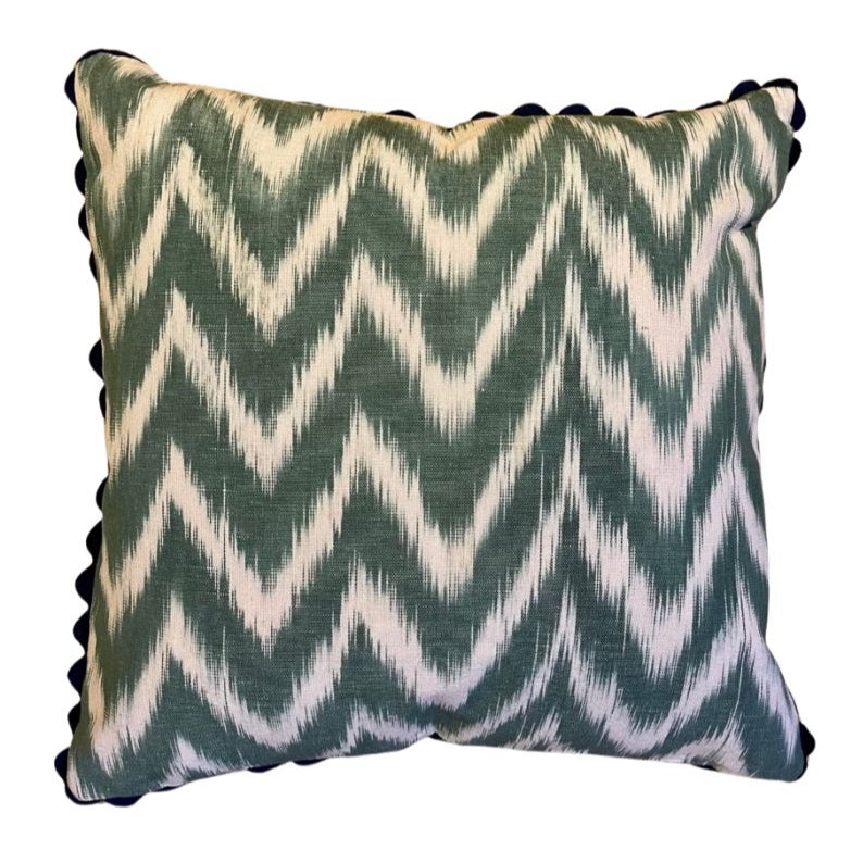 MALLORCAN FABRIC CUSHION - FOREST GREEN FLAMESTITCH WITH NAVY SCALLOP EDGING