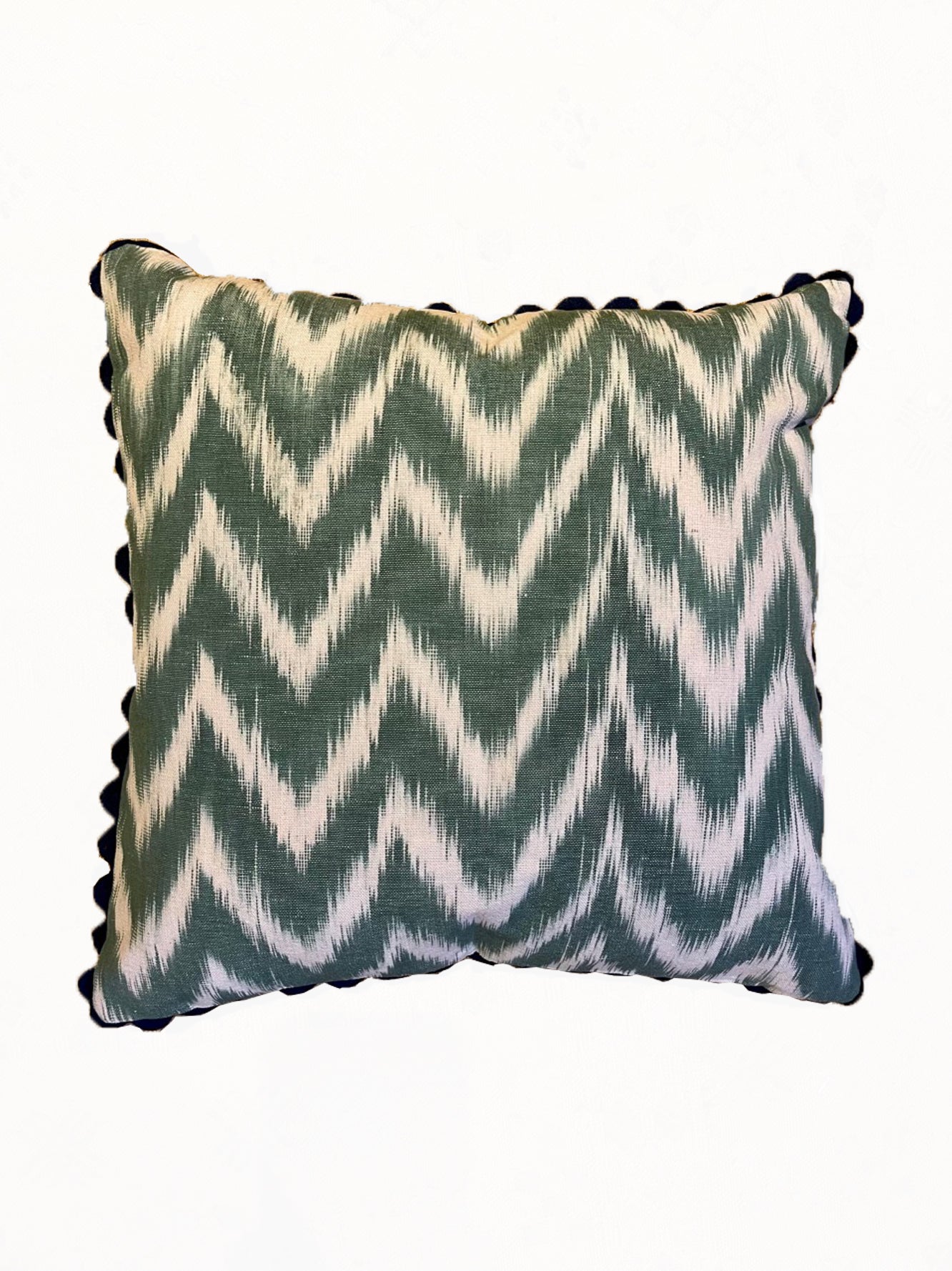 MALLORCAN FABRIC CUSHION - FOREST GREEN FLAMESTITCH WITH NAVY SCALLOP EDGING
