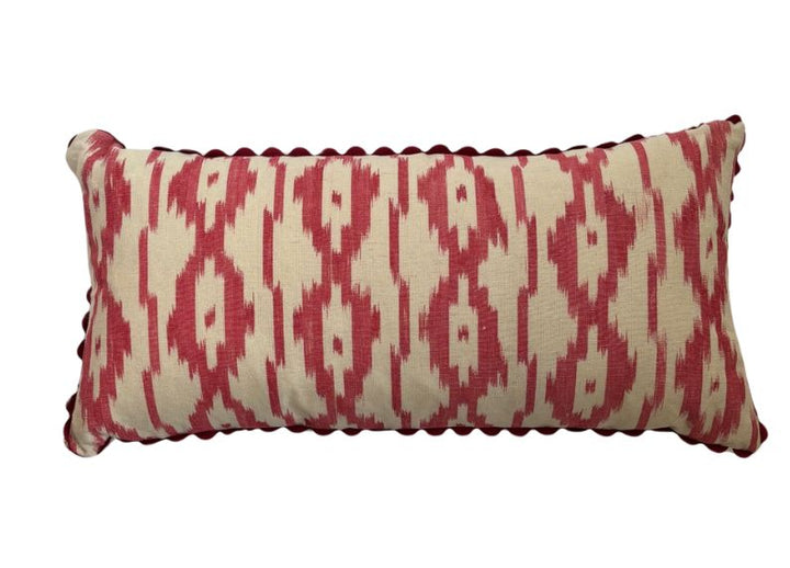 MALLORCAN FABRIC CUSHION - PALE APPLE RED CHEVRON WITH WAVEY STRIPE AND BURGUNDY TRIM