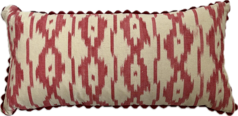 MALLORCAN FABRIC CUSHION - PALE APPLE RED CHEVRON WITH WAVEY STRIPE AND BURGUNDY TRIM