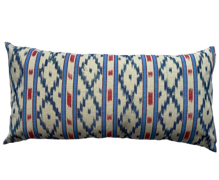 MALLORCAN FABRIC CUSHION - SKY BLUE AND RED STRIPE WITH INDIGO CHEVRON