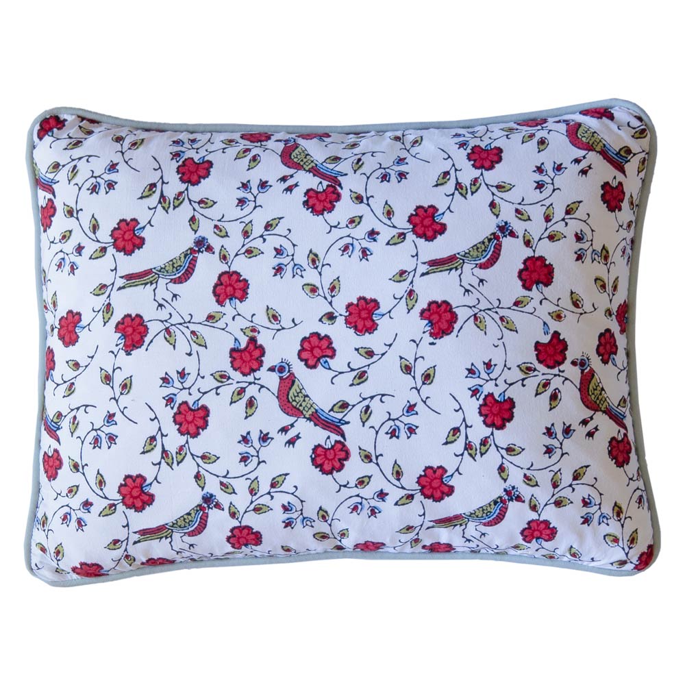 BLOCK PRINT CUSHION IN BIRD JAL RED - Sale 30% off