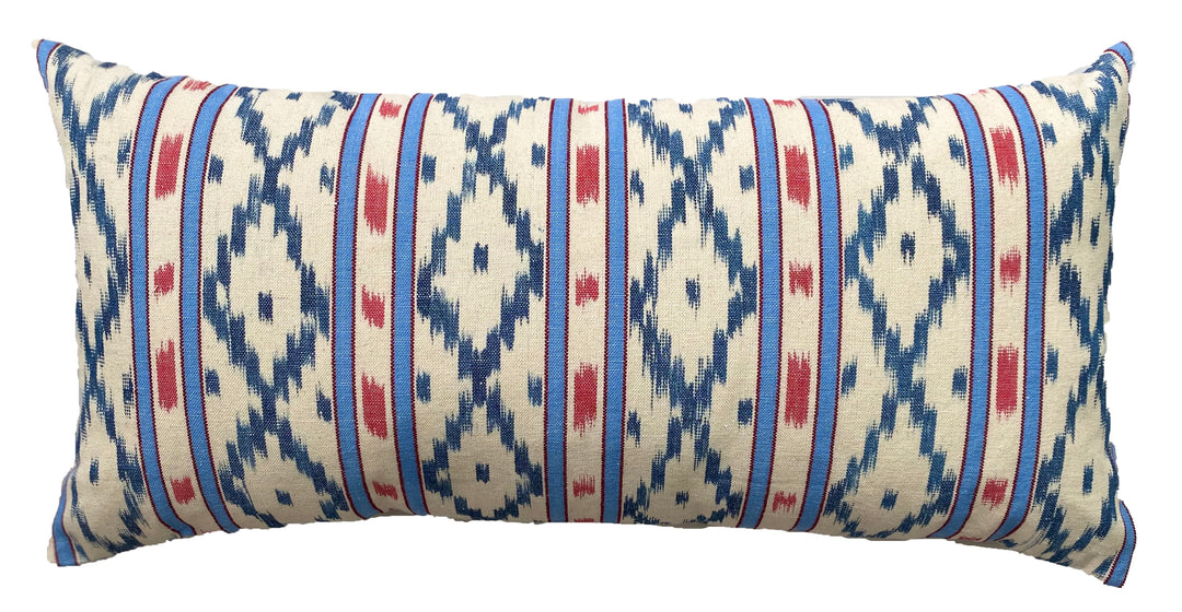 MALLORCAN FABRIC CUSHION - SKY BLUE AND RED STRIPE WITH INDIGO CHEVRON