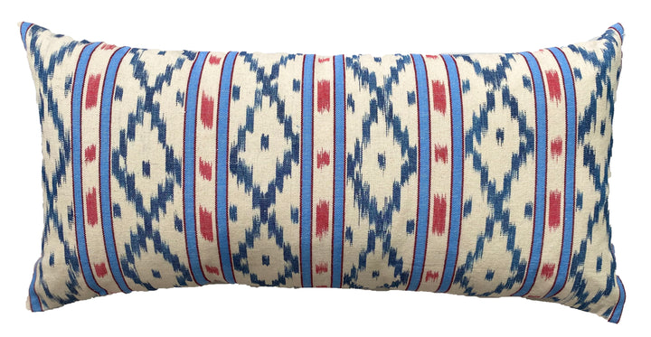 MALLORCAN FABRIC CUSHION - SKY BLUE AND RED STRIPE WITH INDIGO CHEVRON