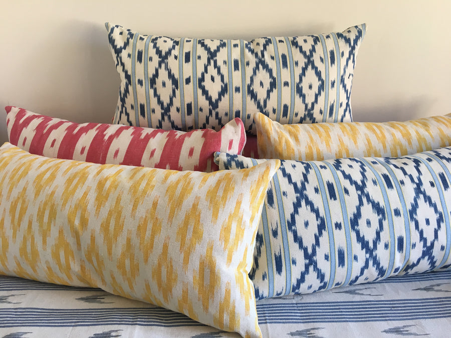 MALLORCAN FABRIC CUSHION PALE BLUE AND YELLOW STRIPE WITH BLUE MEDIU