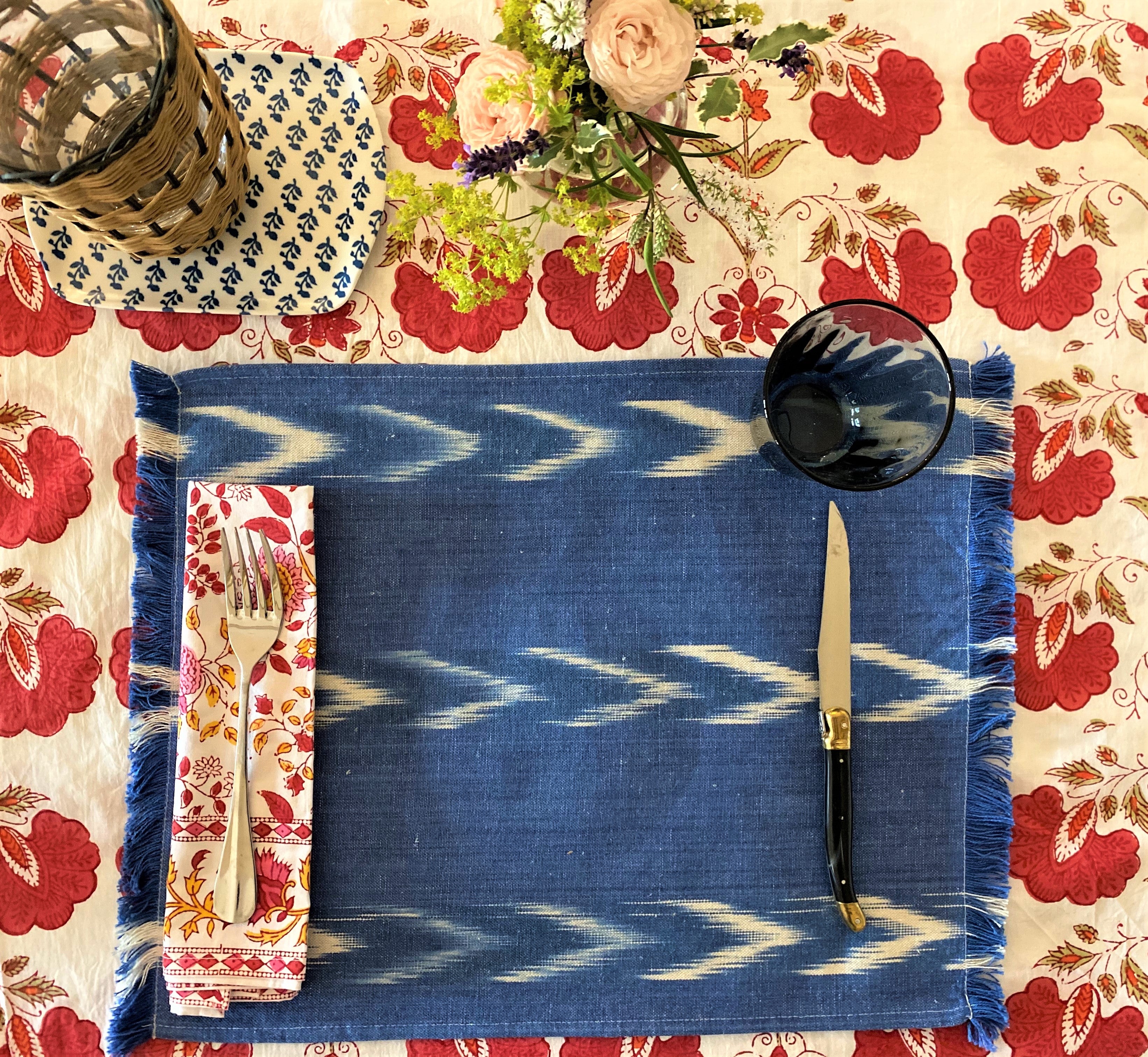 FABRIC PLACEMAT - CHAMBRAY WITH THREE IKAT CHEVRON STRIPES