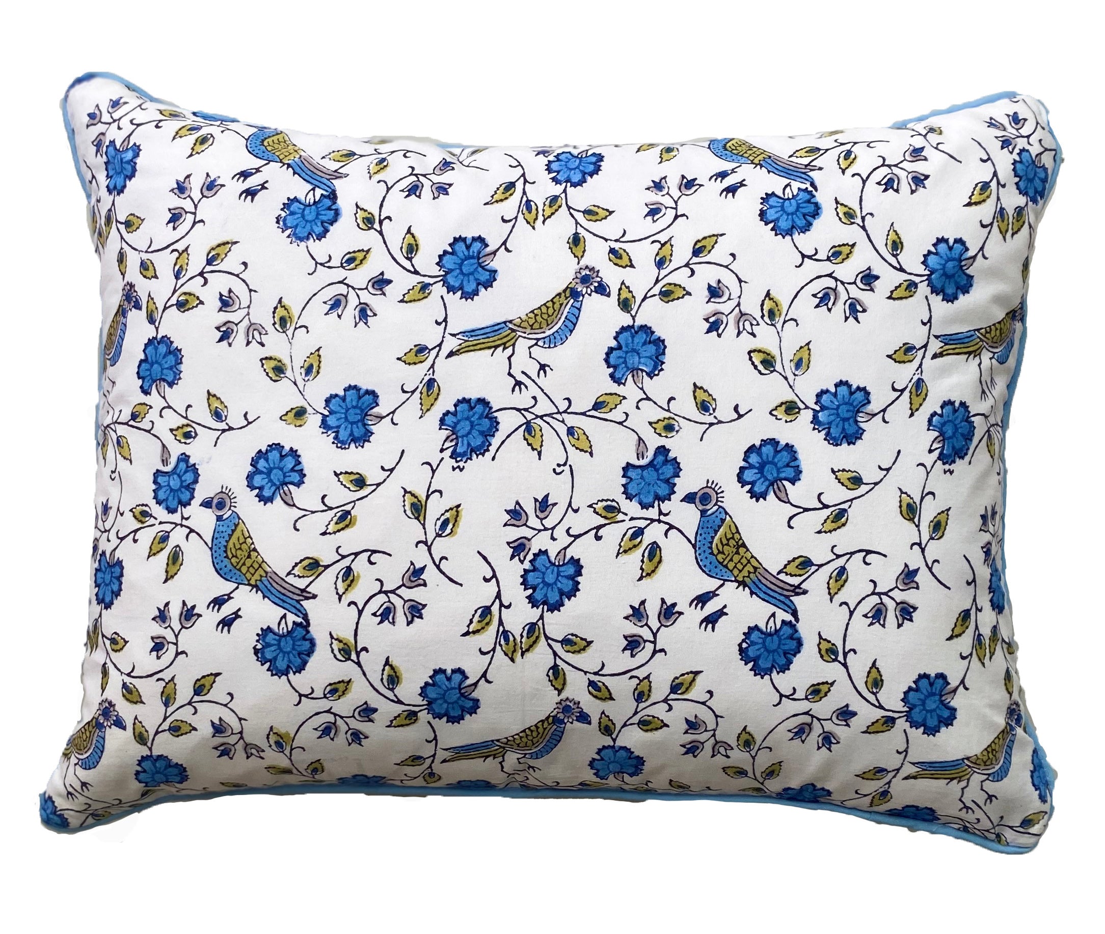 BLOCK PRINT CUSHION IN BIRD JAL BLUE WITH PALE BLUE PIPING