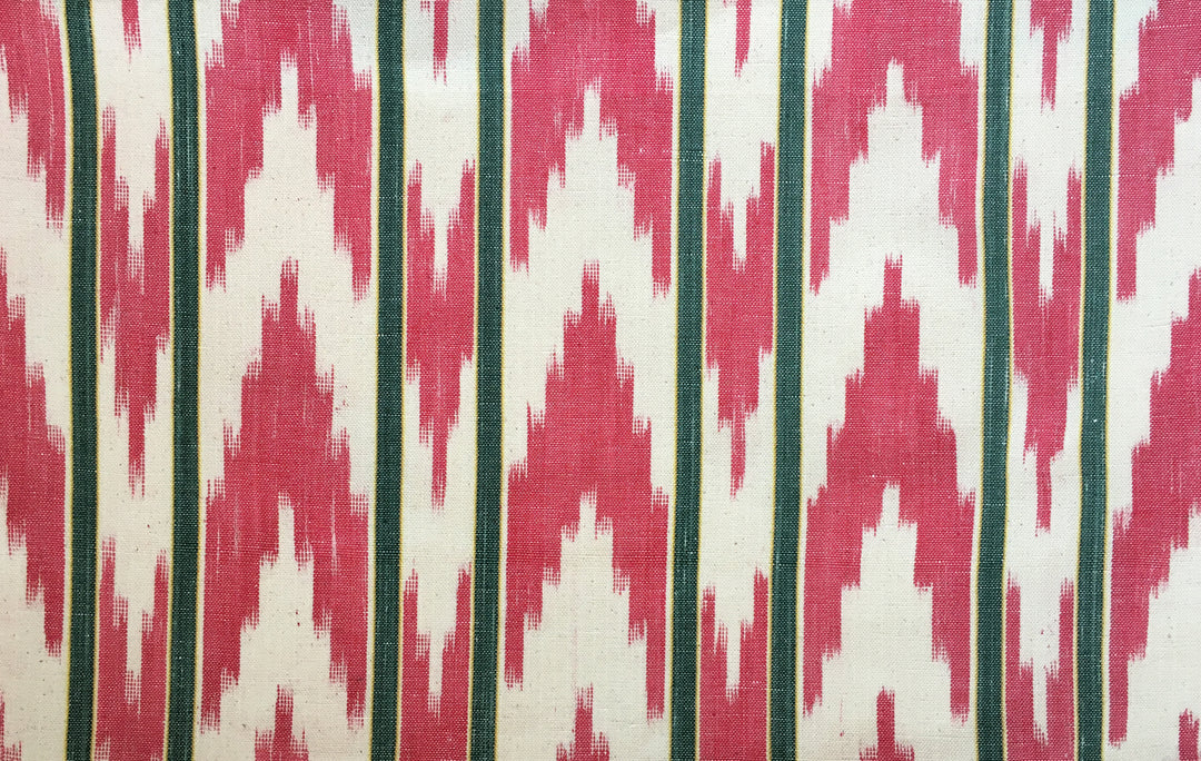 MALLORCAN FABRIC CUSHION - GREEN STRIPE WITH RED ZIGZAG FABRIC WITH NAVY SCALLOP EDGING