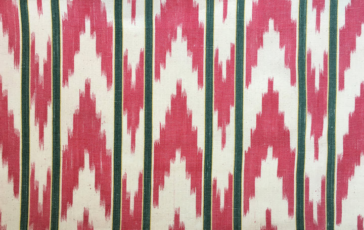 MALLORCAN FABRIC CUSHION - GREEN STRIPE WITH RED ZIGZAG FABRIC WITH NAVY SCALLOP EDGING