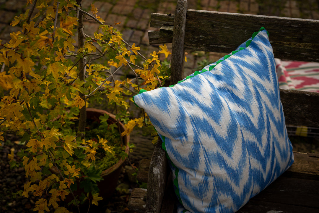 MALLORCAN FABRIC CUSHION - SKY BLUE FLAMESTITCH WITH GREEN SCALLOP EDGING