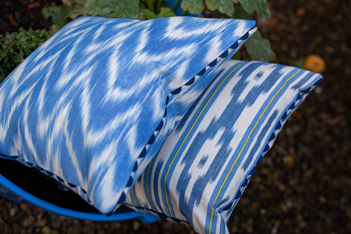 MALLORCAN FABRIC CUSHION - SKY BLUE FLAMESTITCH WITH NAVY SCALLOP EDGING