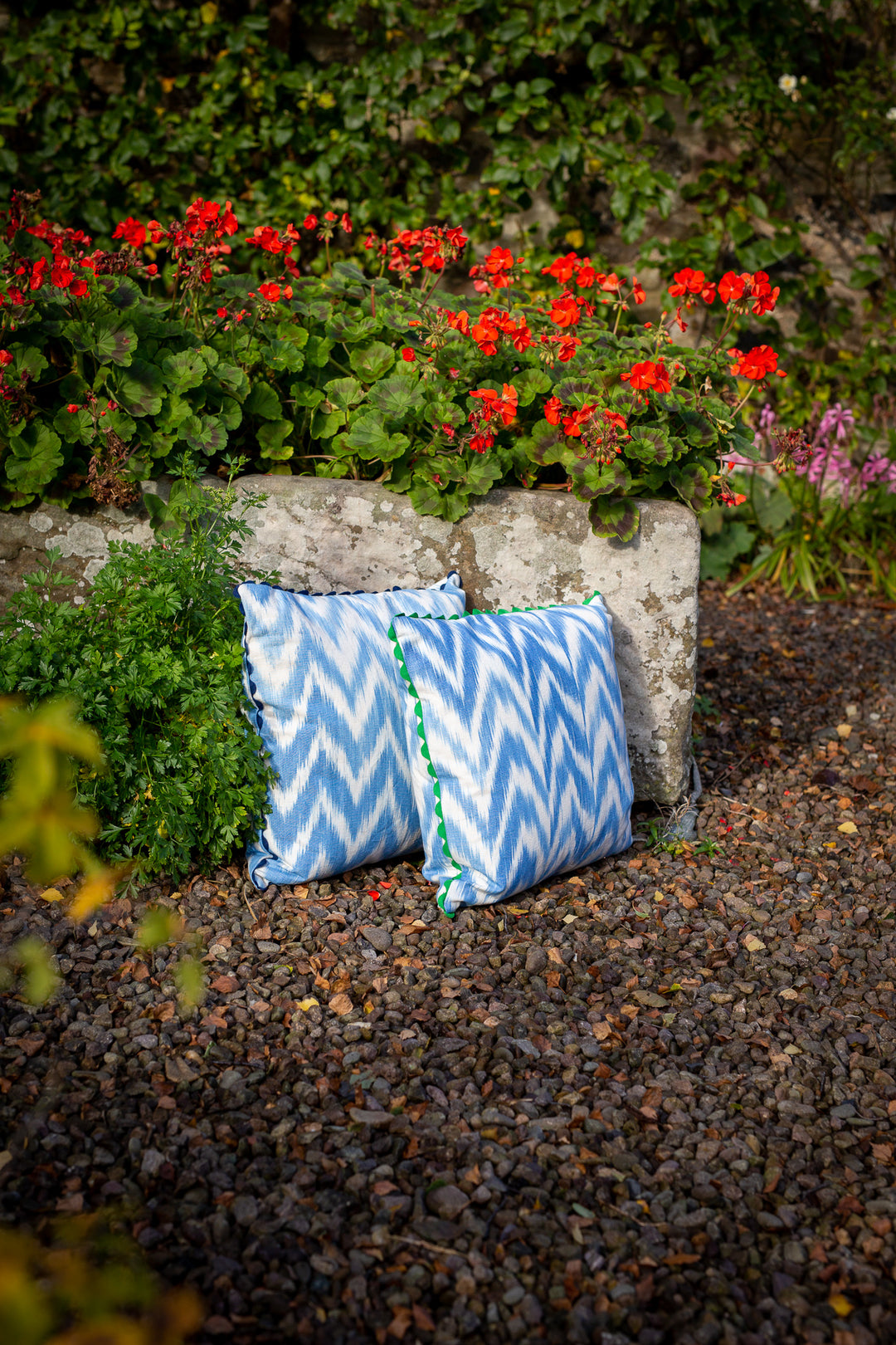MALLORCAN FABRIC CUSHION - SKY BLUE FLAMESTITCH WITH GREEN SCALLOP EDGING