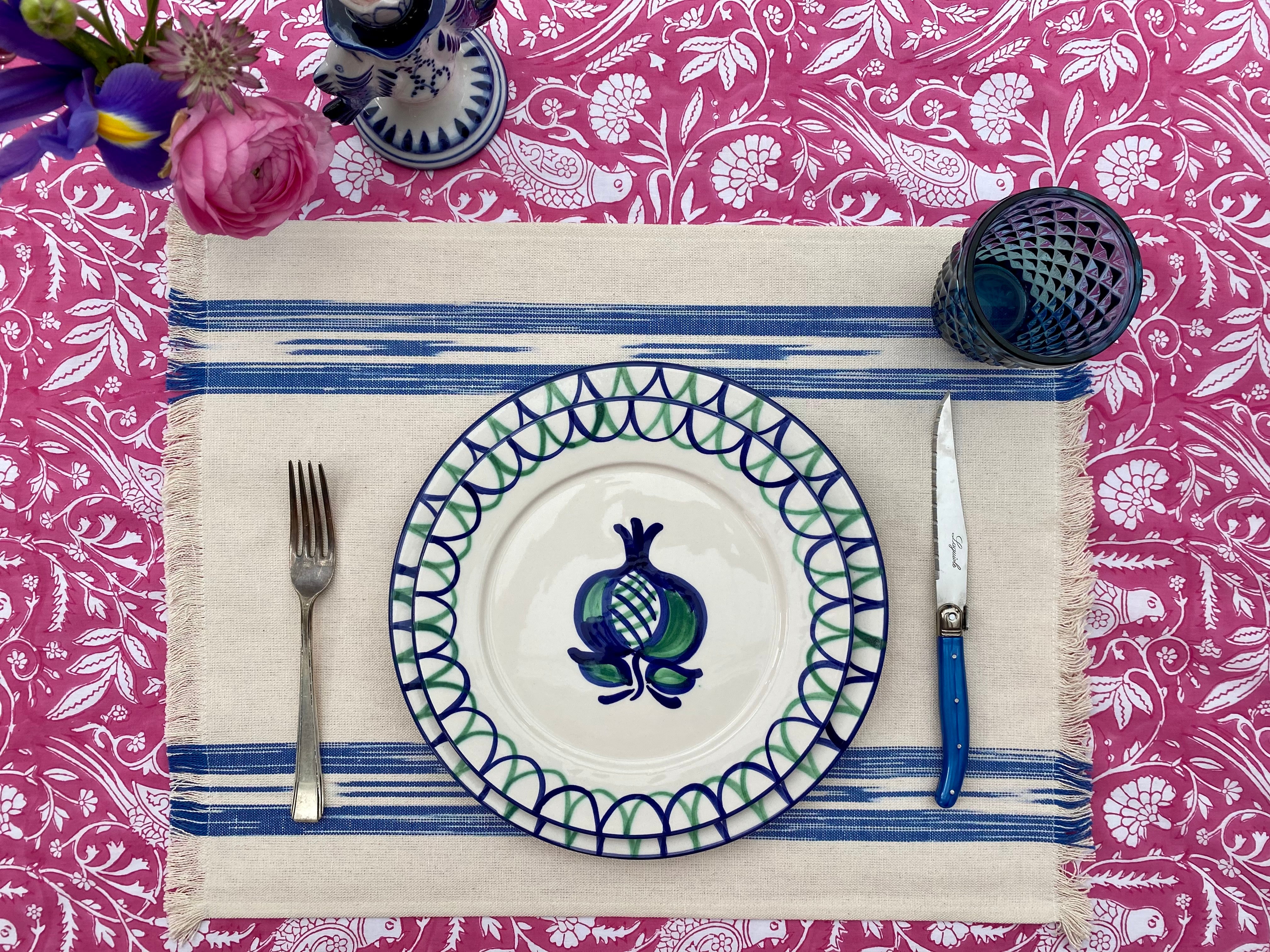 FABRIC PLACEMAT - CREAM WITH BLUE IKAT STRIPE