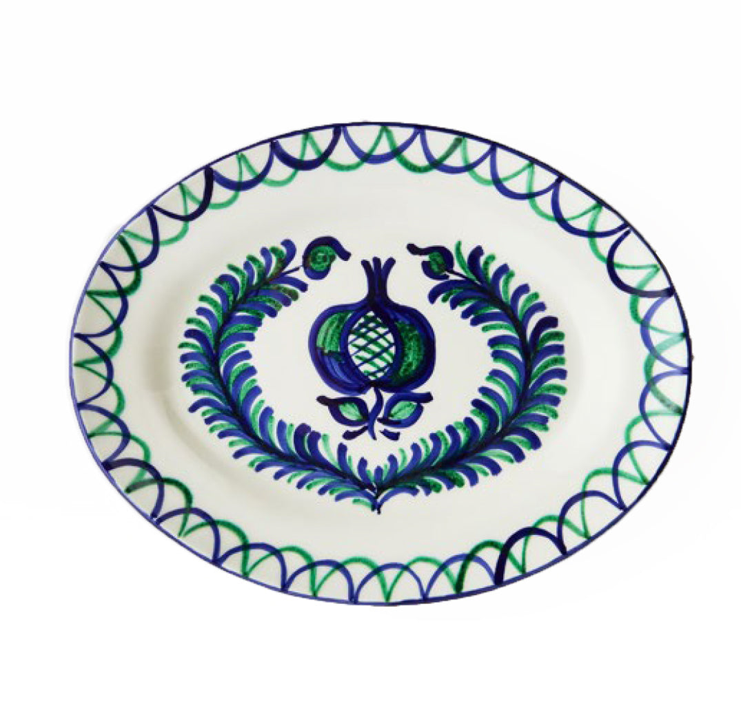 PLATTER - BLUE AND GREEN POMEGRANATE WITH BLUE AND GREEN SCALLOP PATTERNED EDGE