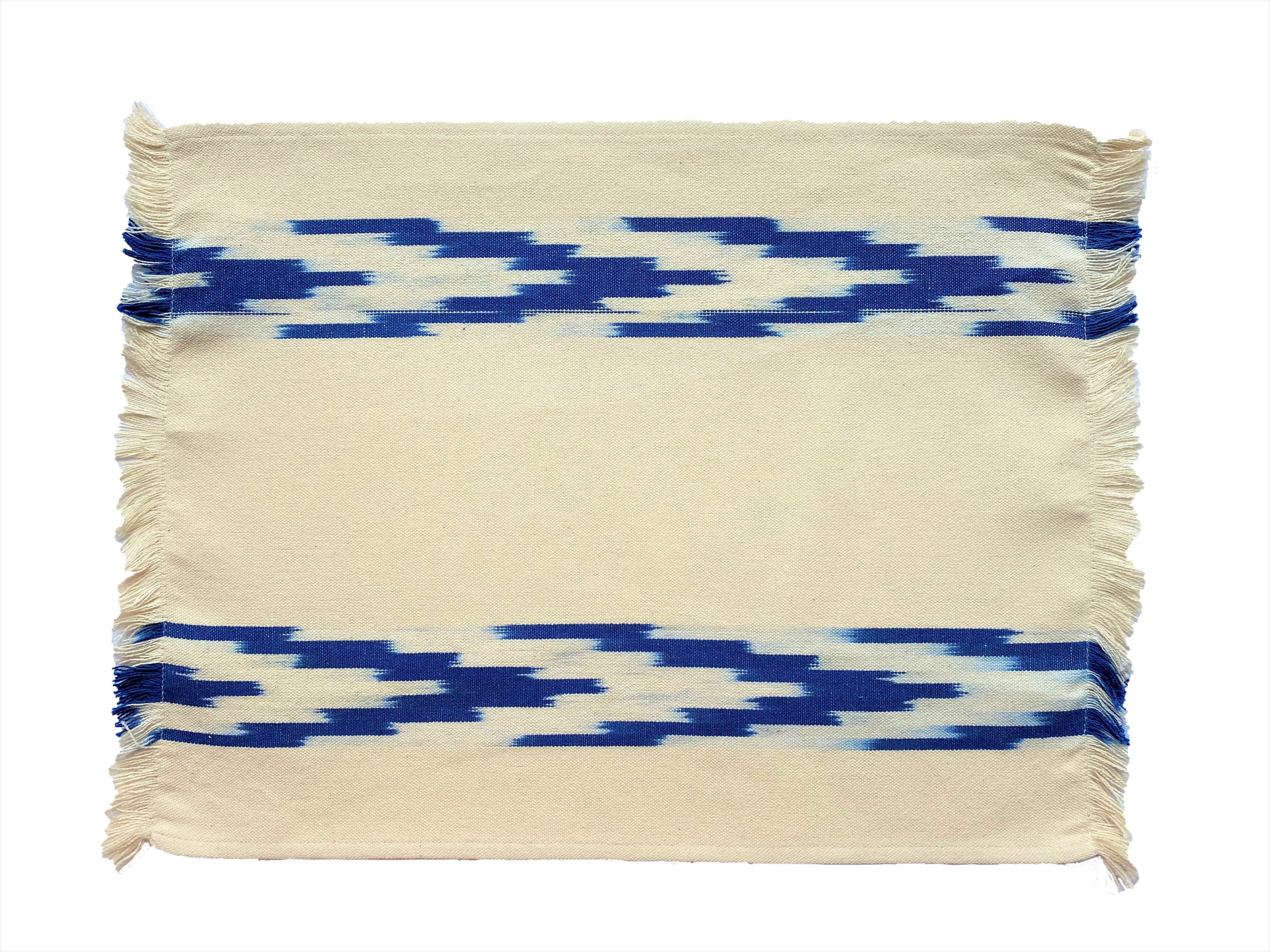 FABRIC PLACEMAT - CREAM WITH BLUE IKAT CHEVRON