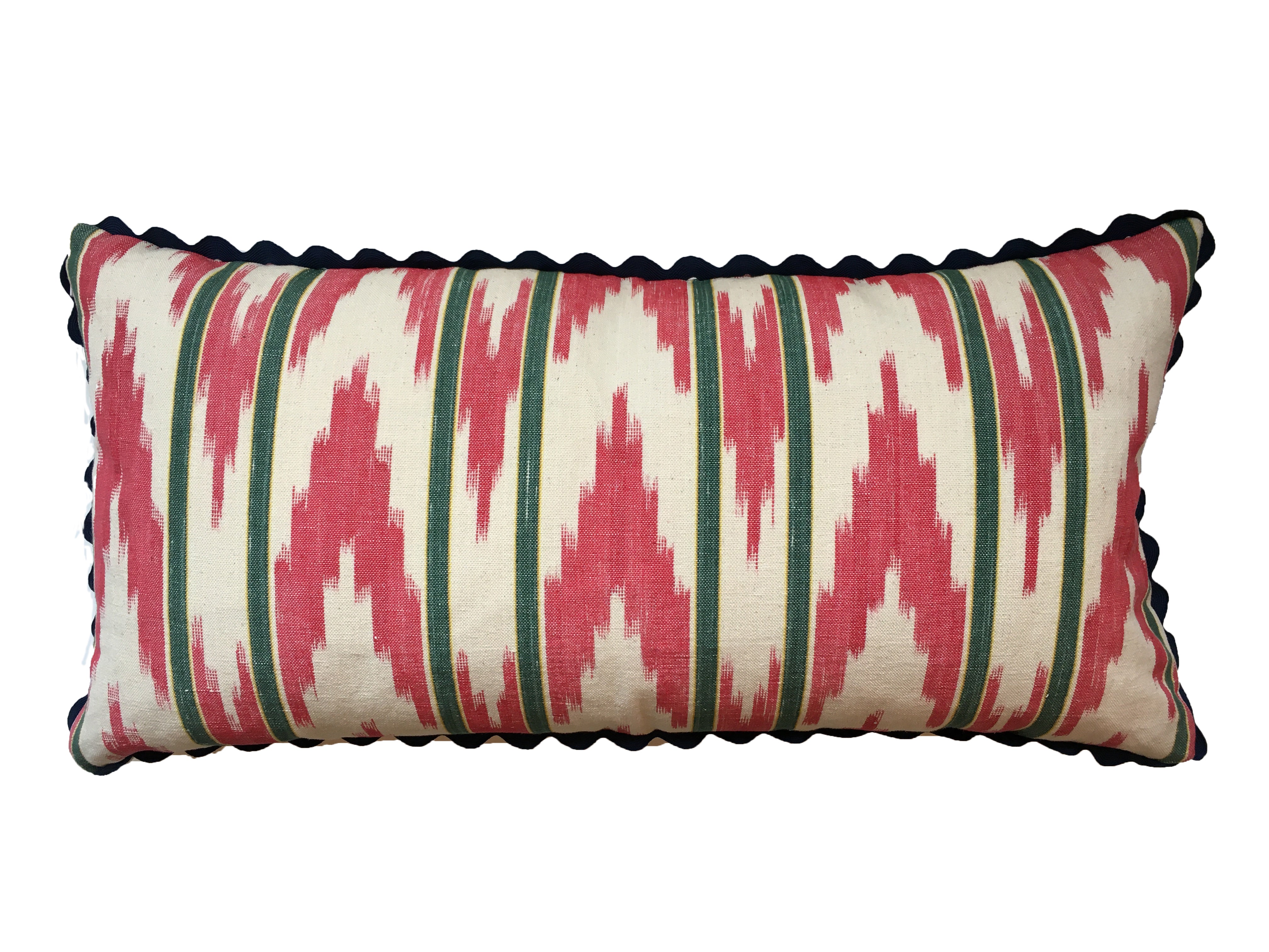 MALLORCAN FABRIC CUSHION - GREEN STRIPE WITH RED ZIGZAG FABRIC WITH NAVY SCALLOP EDGING