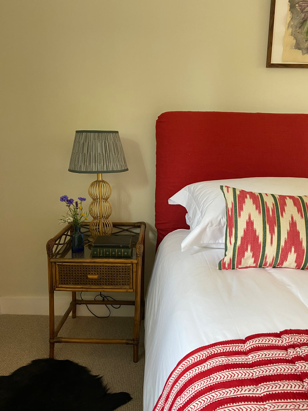 MALLORCAN FABRIC CUSHION - GREEN STRIPE WITH RED ZIGZAG FABRIC