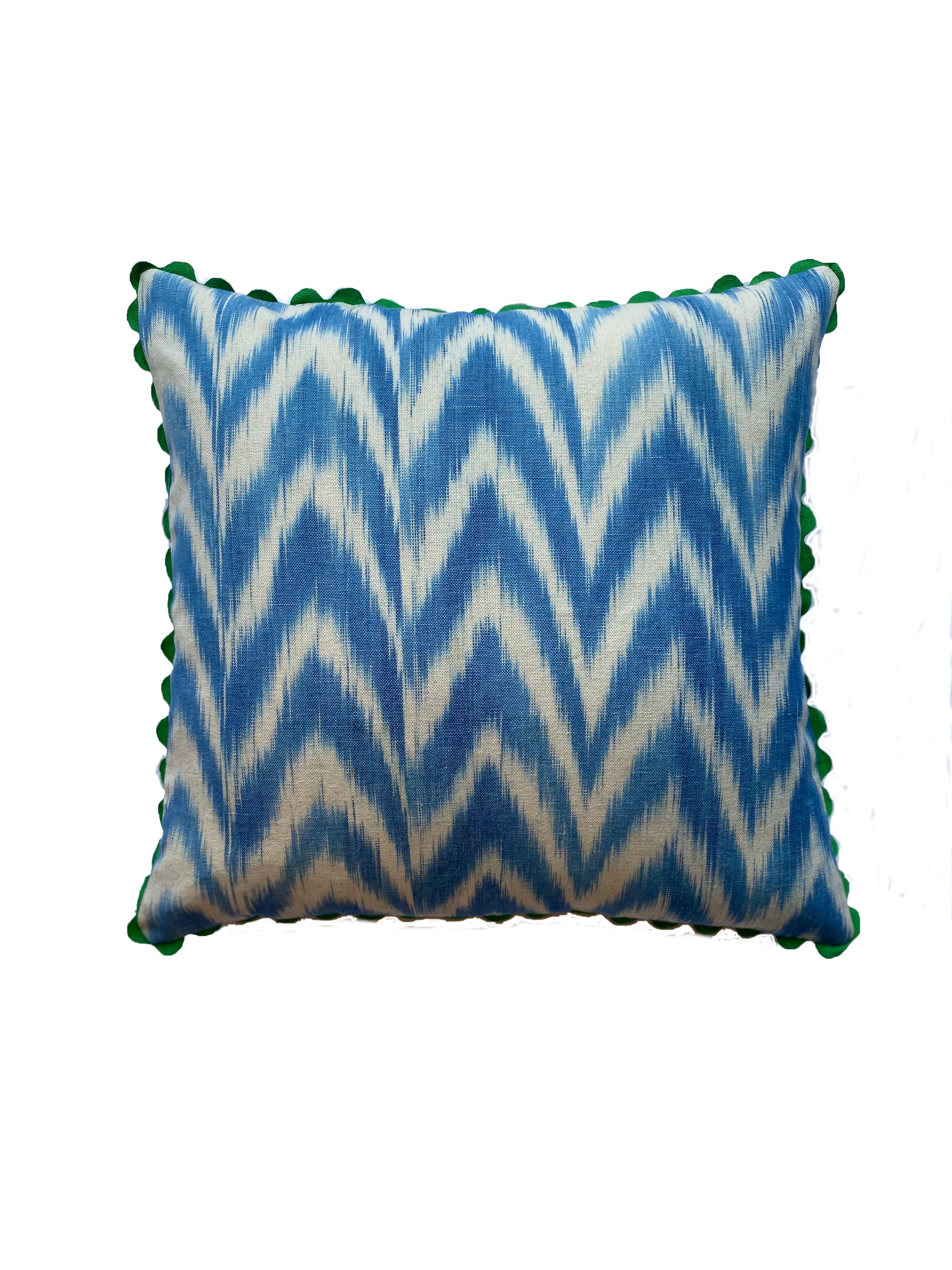 MALLORCAN FABRIC CUSHION - SKY BLUE FLAMESTITCH WITH GREEN SCALLOP EDGING