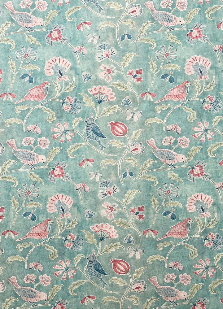 Garden flowers and birds on an emerald watercolour background on panama cotton