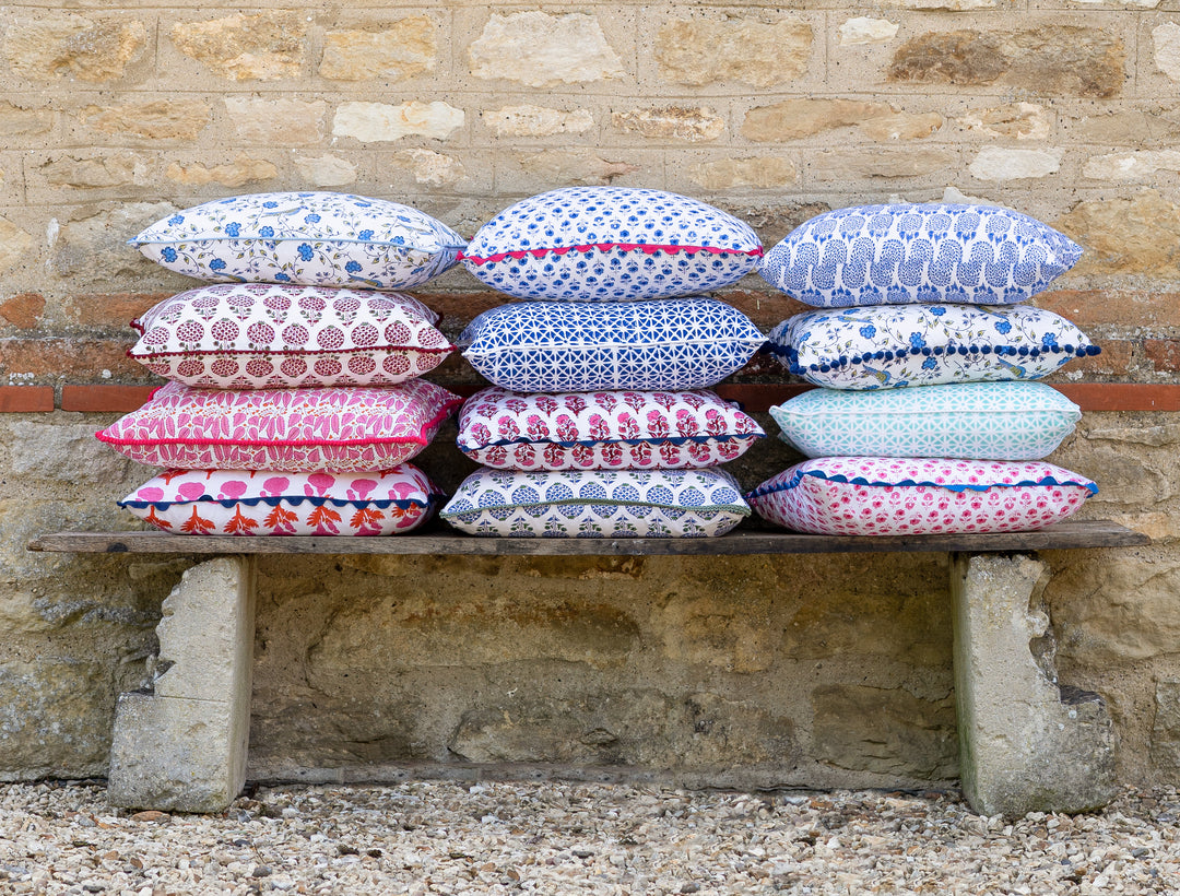 BLOCK PRINT CUSHION IN MOGHUL ROSE BLUE