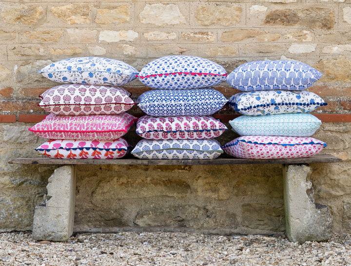 BLOCK PRINT CUSHION IN MOGHUL ROSE BLUE