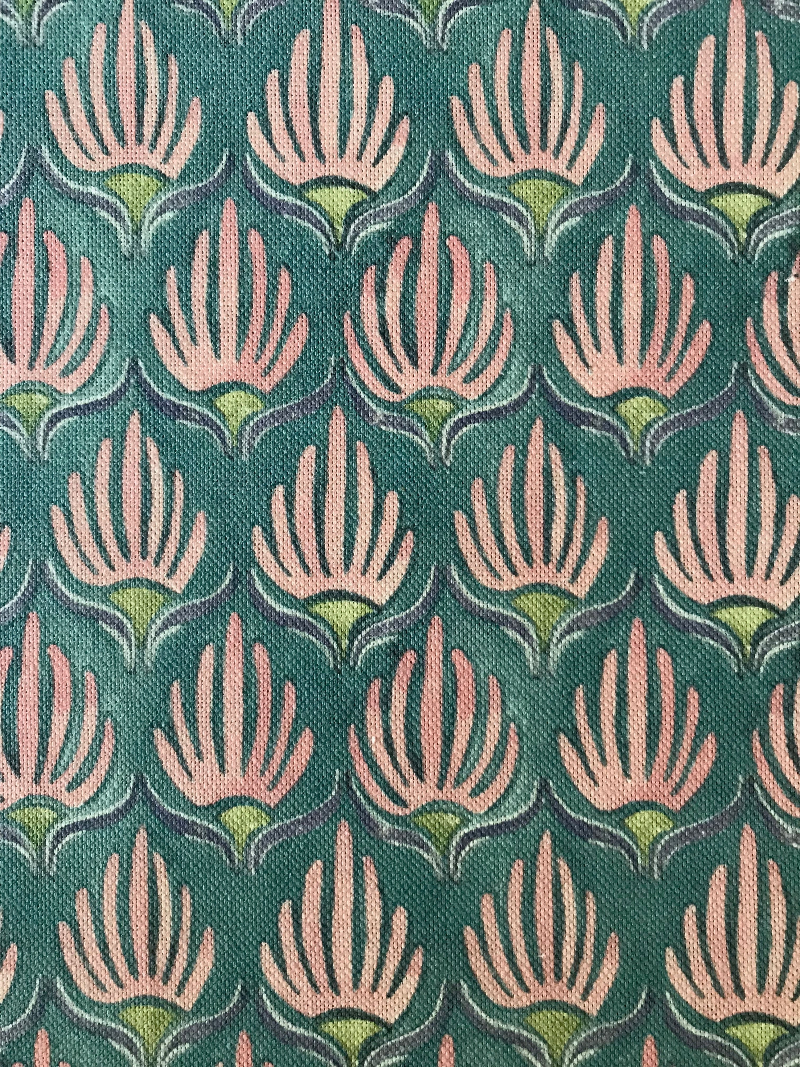 tulips jade fabric, pink motif on a jade coloured background, block print inspired