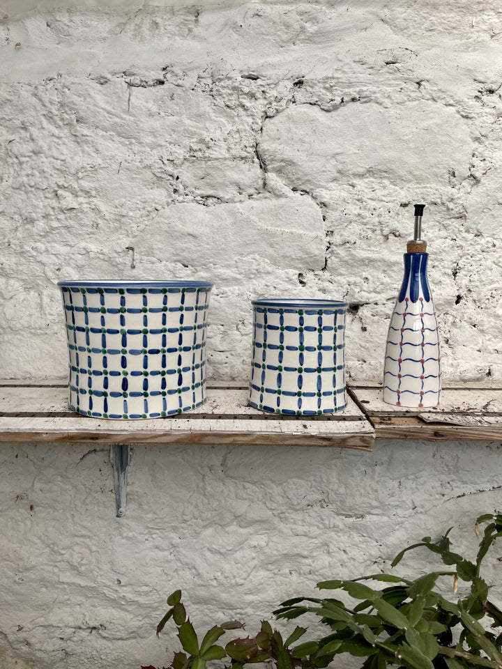OLIVE OIL JAR - FINE DASH DOT BLUE PINK
